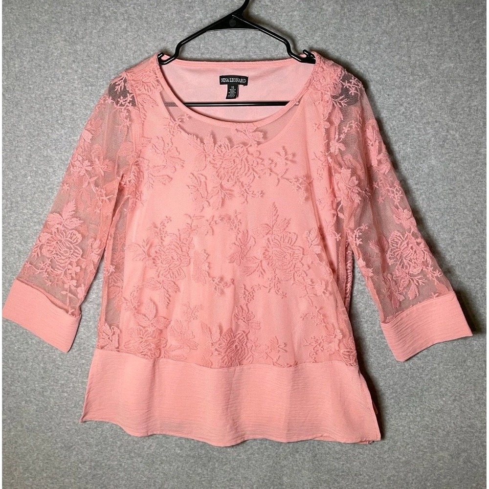 Nina Leonard‎ Blouse XS Sheer Layered Floral Pink 3/4 Sleeve Coquette Barbiecore